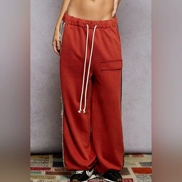 ​POL Star Patchwork Track Suit Set - Rust Red Orange Zip Jacket & Wide Leg